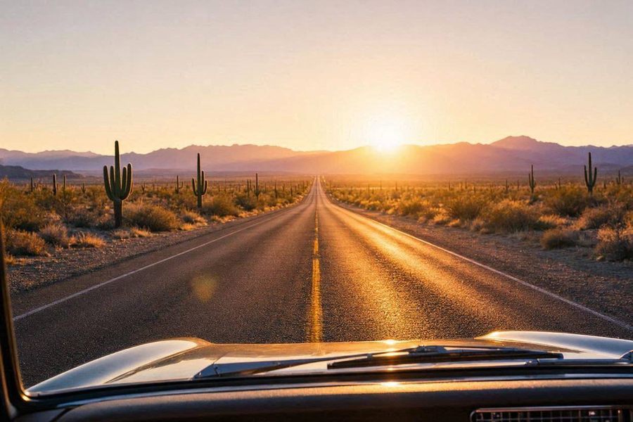 Driver's view over a classic car hood on an empty desert highway at sunset, saguaros and mountains ahead